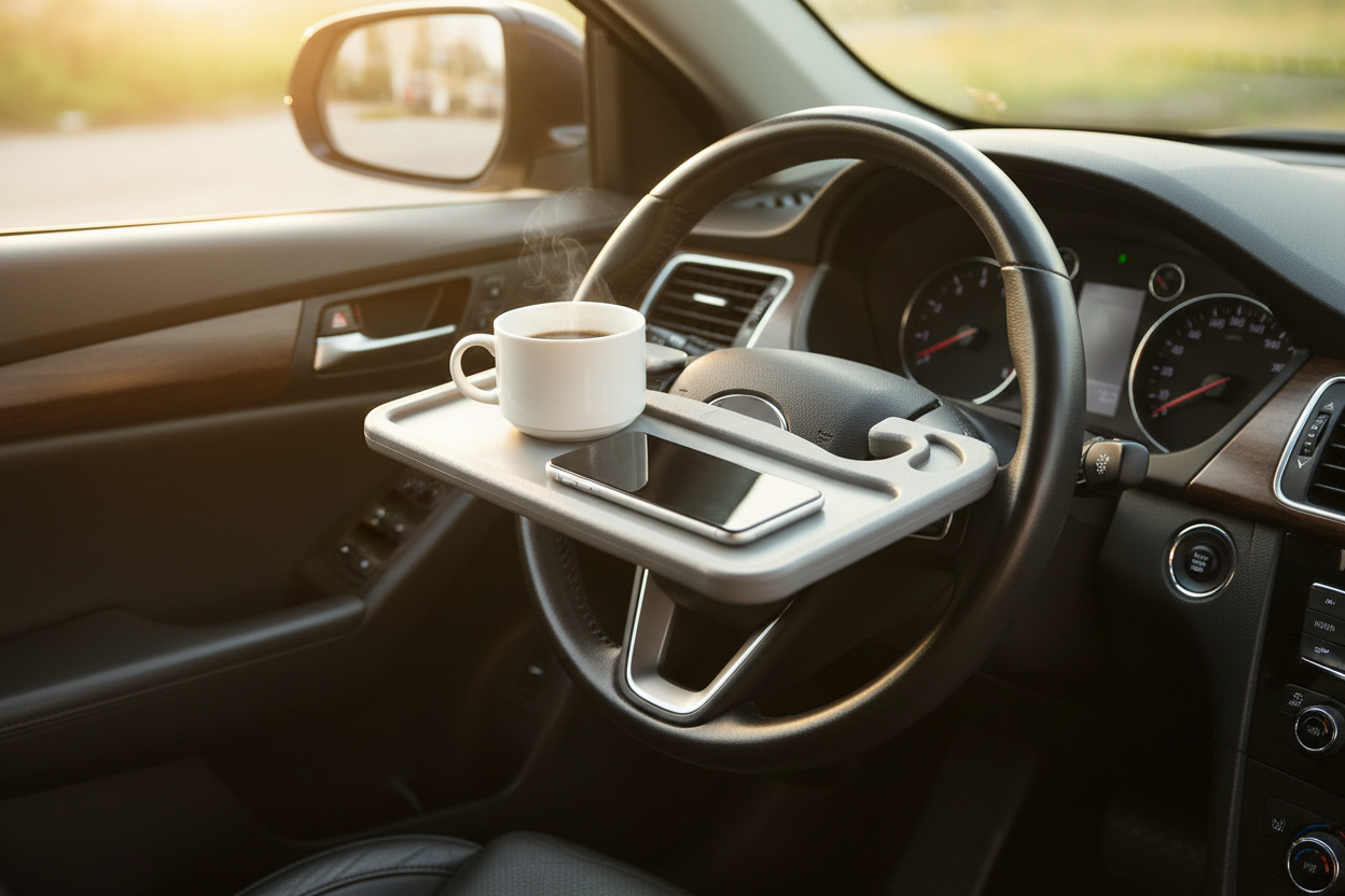 Steering Wheel Tray - In Car with Coffee and Phone